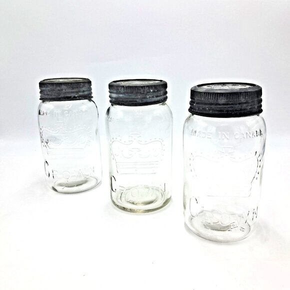 Crown Mason Jars-Glass Lids-Zinc Rings-Dominion Glass of Montreal-Set of 3-VTG - Picture 12 of 13